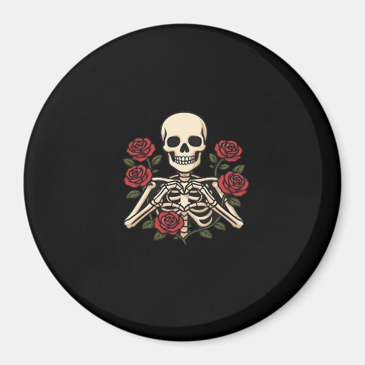 Skelet Hart Handen Met Rode Rozen – Romantisch Got Magneet (Voorkant)