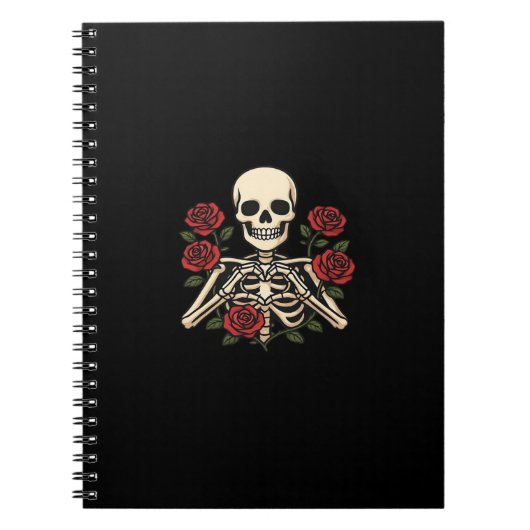 Skelet Hart Handen Met Rode Rozen – Romantisch Got Notitieboek (Voorkant)