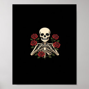 Skelet Hart Handen Met Rode Rozen – Romantisch Got Poster