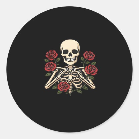 Skelet Hart Handen Met Rode Rozen – Romantisch Got Ronde Sticker (Voorkant)