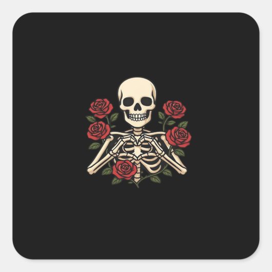 Skelet Hart Handen Met Rode Rozen – Romantisch Got Vierkante Sticker (Voorkant)