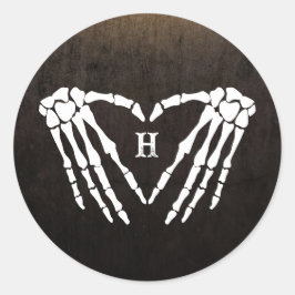 Skelet Hart Monogram Gothic Halloween Bruiloft Ronde Sticker