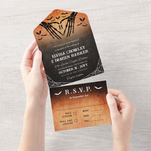 Skelet Hart Monogram Halloween Gothic Bruiloft All In One Uitnodiging (Afscheurbaar)