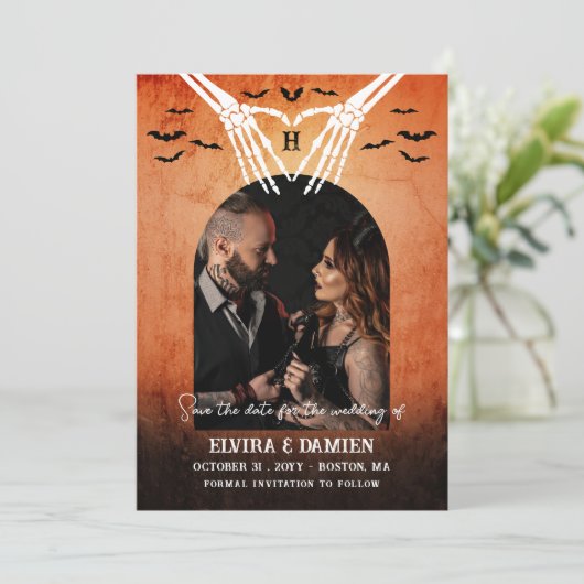 Skelet Heart Monogram Gothic Foto Opslaan van de D Save The Date (Staand voorkant)