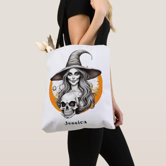 Skelet Heks Halloween Realistische Kunst Tote Bag (Dichtbij)