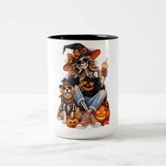 Skelet Heks Meisje met Hond Halloween Koffiemok Tweekleurige Koffiemok