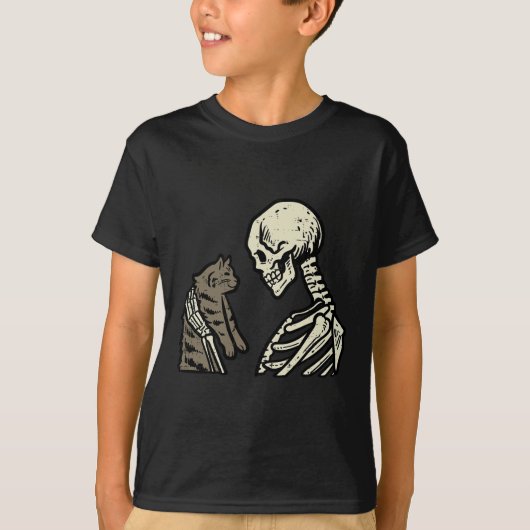 Skelet Holding Cat Fun Halloween Skull Mannen Vrou T-shirt (Voorkant)