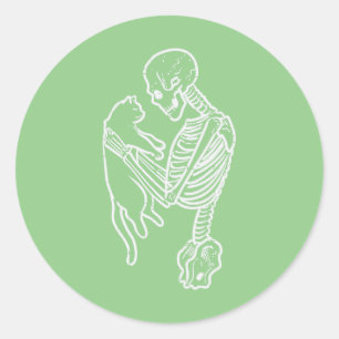 Skelet Holding Cat Funny Halloween Kostuum Mannen Ronde Sticker