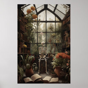 Skelet in botanische verlaten bibliotheek afdruk poster