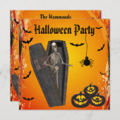Skelet in Coffin & Pumpkins Halloween Party Kaart (Voorkant / Achterkant)