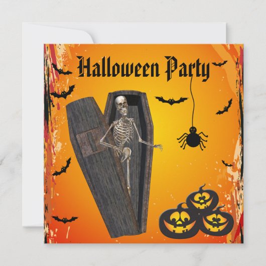 Skelet in Coffin & Pumpkins Halloween Party Kaart (Voorkant)