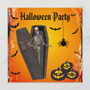 Skelet in Coffin & Pumpkins Halloween Party Kaart