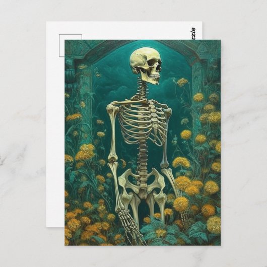 Skelet in een Night Garden Gele Bloemen Briefkaart (Voorkant / Achterkant)