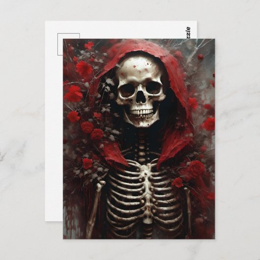 Skelet in een Rode Kaap met Bloemen Briefkaart (Voorkant / Achterkant)