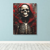 Skelet in een Rode Kaap met Bloemen Canvas Afdruk (Insitu (Houten vloer))