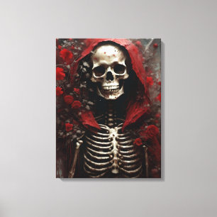 Skelet in een Rode Kaap met Bloemen Canvas Afdruk
