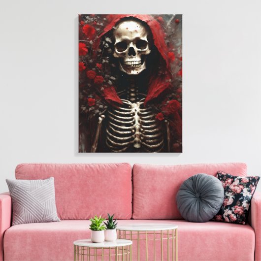 Skelet in een Rode Kaap met Bloemen Canvas Afdruk (Insitu (Woonkamer))