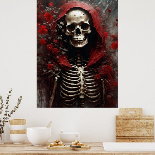Skelet in een Rode Kaap met Bloemen Poster (Keuken)