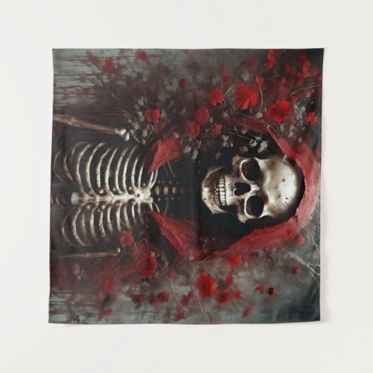 Skelet in een Rode Kaap met Bloemen Wandkleed (Voorkant (horizontaal))