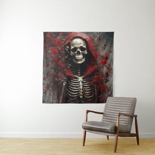 Skelet in een Rode Kaap met Bloemen Wandkleed (In situ)