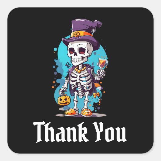 Skelet in een Top Hoed Halloween Dank je Vierkante Sticker (Voorkant)