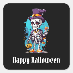 Skelet in een Top Hoed Happy Halloween Vierkante Sticker