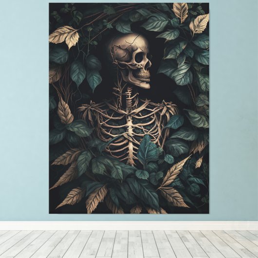 Skelet in Planten Canvas Afdruk (Insitu (Houten vloer))