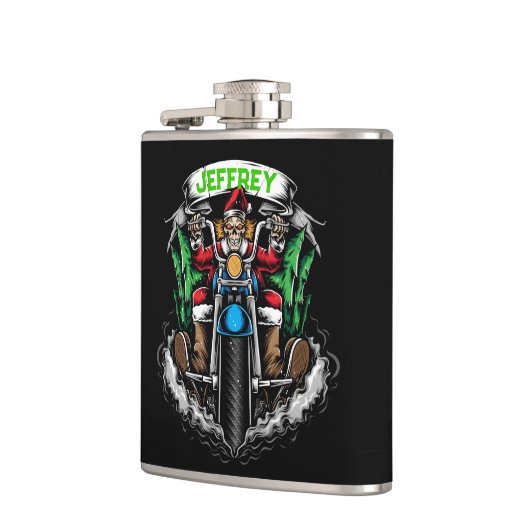 Skelet in Santa Suit Riding motor Heupfles (Links)