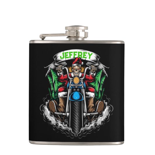 Skelet in Santa Suit Riding motor Heupfles (Voorkant)