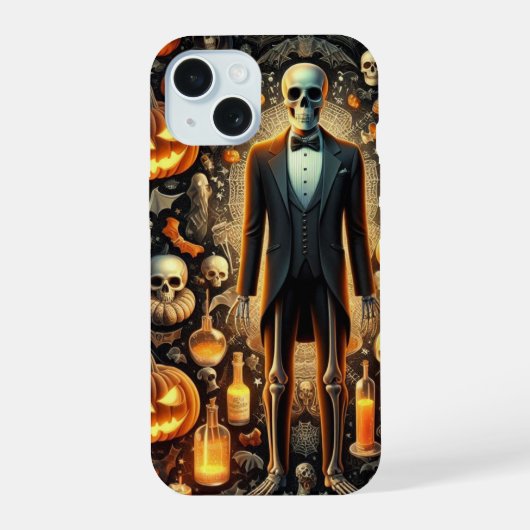Skelet in Tuxedo, Pompoenen, Potions iPhone 15 Case (Achterkant)