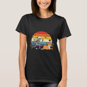 Skelet Jachtende Corgi Grappige Halloween T-shirt