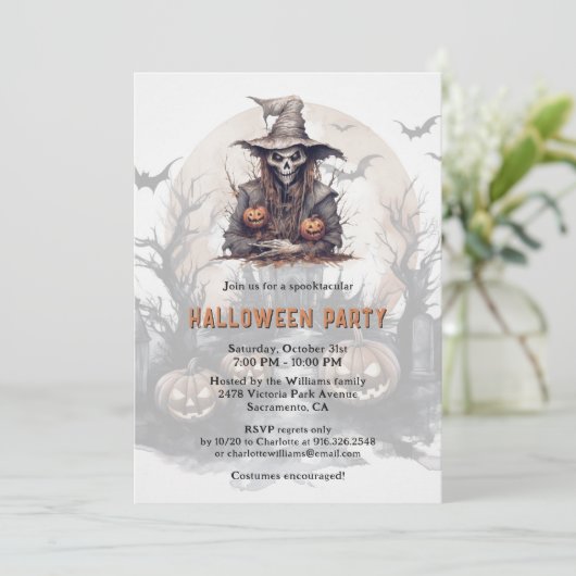 Skelet Jack-O-Lanterns Bats Moon Halloween Party Kaart (Staand voorkant)