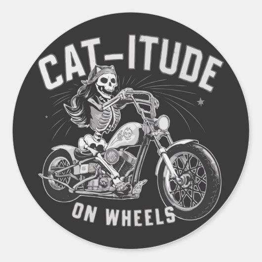 Skelet Kat Rijden Een Motorfiets - Cat-itude Ronde Sticker (Voorkant)