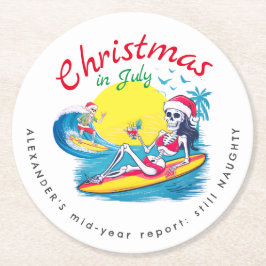 Skelet Kerst in juli Beach Surf Ondeugend Ronde Kartonnen Onderzetter