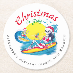 Skelet Kerst in juli Beach Surf Ondeugend Ronde Kartonnen Onderzetter