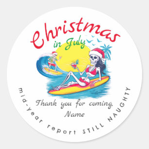 Skelet Kerst in juli Beach Surf Ondeugend Ronde Sticker