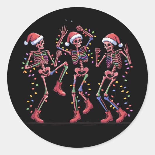 Skelet Kerstdansen Skelet Lichten Vrolijk Ronde Sticker (Voorkant)