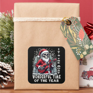 Skelet Kerstman Gitaar Zwarte Achtergrond Vierkante Sticker