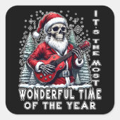 Skelet Kerstman Gitaar Zwarte Achtergrond Vierkante Sticker (Voorkant)