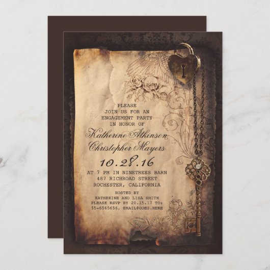 Skelet Key Heart Lock Verlovingsfeest Uitnodigen Kaart (Voorkant / Achterkant)