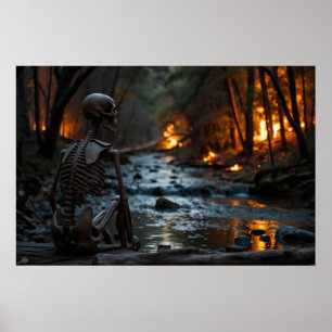 Skelet kijken naar een bosbrand langs de rivier poster