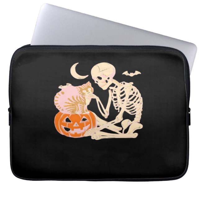 Skelet Knuffelen Kat Halloween Kat Lover Kat Klass Laptop Sleeve (Voorkant)