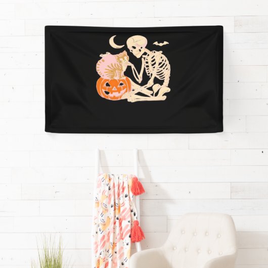Skelet Knuffelen Kat Halloween Kat Lover Kat Klass Spandoek (Insitu)
