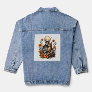 Skelet Knuffelende Kat Bloemrijke Halloween Katten Denim Jacket