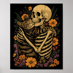 Skelet Knuffelende Kat Bloemrijke Halloween Katten Poster