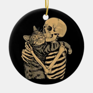 Skelet Knuffelende Kat – Cute Gotische Kattenliefh Keramisch Ornament