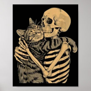 Skelet Knuffelende Kat – Cute Gotische Kattenliefh Poster