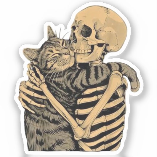 Skelet Knuffelende Kat – Cute Gotische Kattenliefh Sticker (Voorkant)