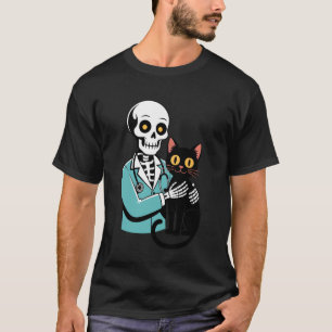 Skelet Knuffelende Kat Grappige Dierenarts Kat Lie T-shirt