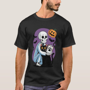 Skelet Knuffelende Kat Grappige Dierenarts Kat Lie T-shirt